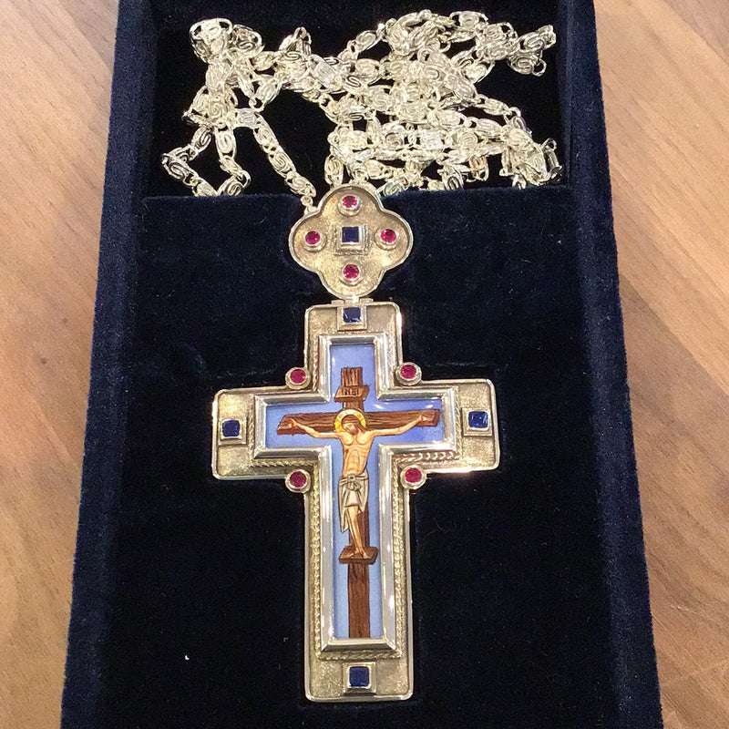 Sterling Silver Pectoral Cross with Semi-Precious Stones and Enamel Icon
