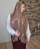 Embroidered Chiffon Women’s Headscarf – Brown Forget-Me-Nots