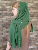 Embroidered Chiffon Women’s Headscarf – Light Green Forget-Me-Nots