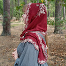 Embroidered Chiffon Women’s Headscarf – Dark Red Floral & Leaf Design