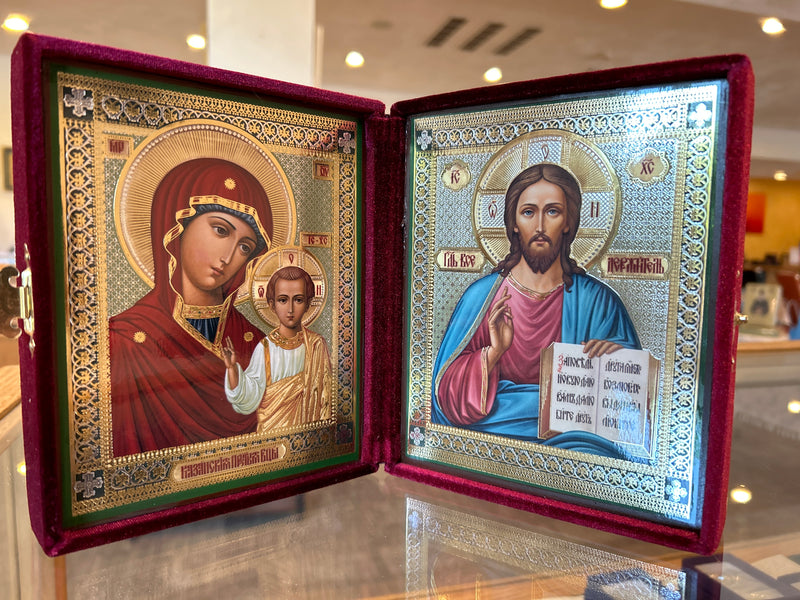 Wedding / Travel Icon in Velvet Case Large - Christ the Teacher and Virgin of Kazan