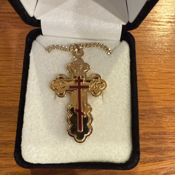 C-19sgolb St. Olga Cross (Large, gold overlay with burgundy enamel)