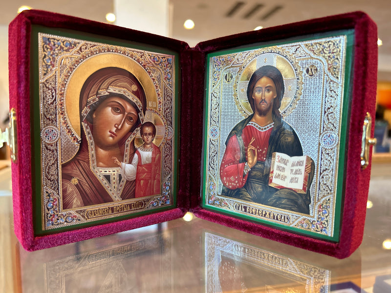 Wedding / Travel Icon in Velvet Case Small- Christ the Teacher and Virgin of Kazan