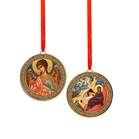 CA16 Nativity Scene and Guardian Angel 2 sided with Red Ribbon