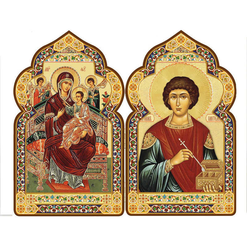 DM16 Dome Shape Diptych Theotokos and St Panteleimon