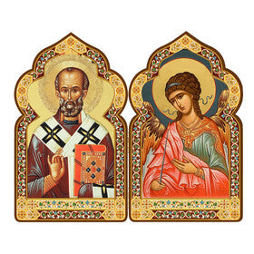 DM19 Wooden Diptych of Saint Nicholas and Guardian Angel Church Dome Shape