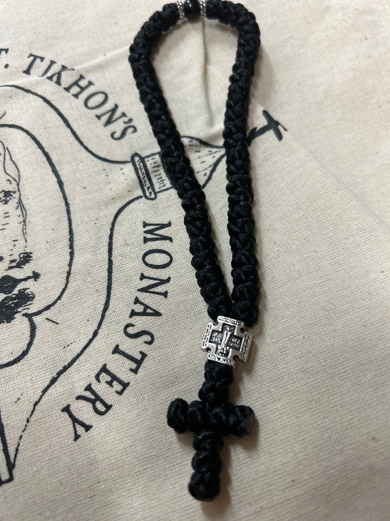 50 Knot Prayer Rope with Black Bead and Metal Accents