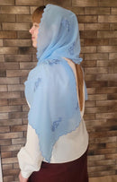 Embroidered Chiffon Women’s Headscarf – Light Blue Forget-Me-Nots