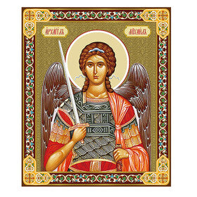 JC14-S Saint Michael Gold Foil Wooden Icon 3 inch, Gold foil Cross on the Back Side