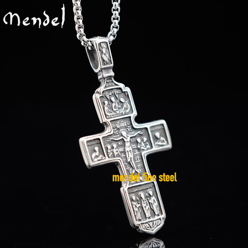 MENDEL Men's Greek Orthodox Jesus Crucifix Cross Pendant Necklace Stainless Steel