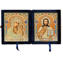 UD-3 Christ the Teacher and Virgin of Kazan Icon Diptych with Blue Velvet Case
