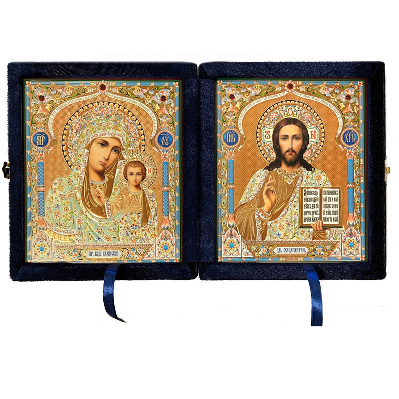 UD-3 Christ the Teacher and Virgin of Kazan Icon Diptych with Blue Velvet Case