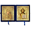 UD-7 Christ The Teacher and Virgin of Kazan Icon Diptych In Blue Velvet Case