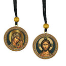 CA6 Christ & Virgin of Kazan - Gold Foil Icons - Reversible Car Room Icon Ornament Pendant 2 Sided - 2 Inch Diam on Rope For Hanging