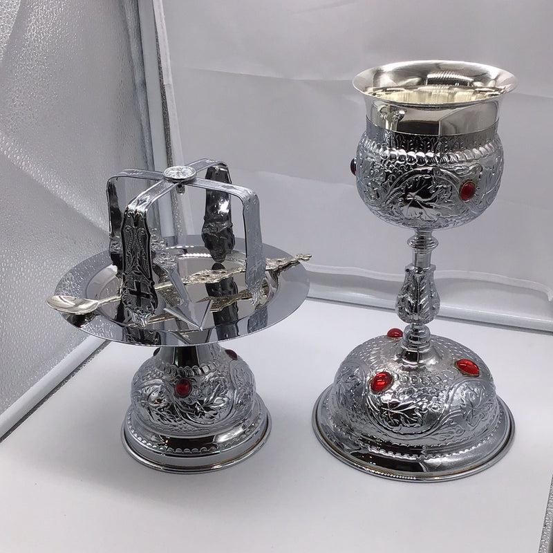 Chalice Set, SS. Cup, SS. Spoon,Chrome plated, ruby colored stones