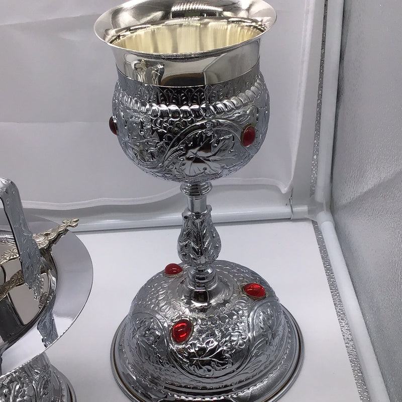 Chalice Set, SS. Cup, SS. Spoon,Chrome plated, ruby colored stones