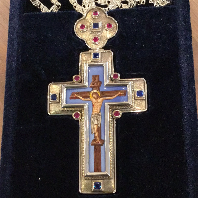 Sterling Silver Pectoral Cross with Semi-Precious Stones and Enamel Icon