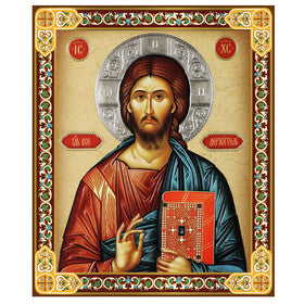 JC30-S Christ The Teacher Icon Byzantine Style - Gold Foil Wooden Icon 3 inch, Gold foil Cross on the Back Side