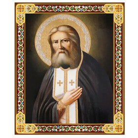 JC47-S Saint Seraphim Orthodox Icon - Gold Foil Wooden Icon 3 inch, Gold foil Cross on the Back Side