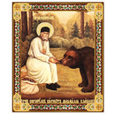 JC50-S St Seraphim With Bear Orthodox Icon Gold Foil Wooden Icon 3 inch, Gold foil Cross on the Back Side