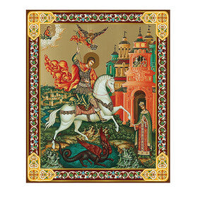 JC8-S Saint George Icon Gold Foil Wooden Icon 3 inch, Gold foil Cross on the Back Side