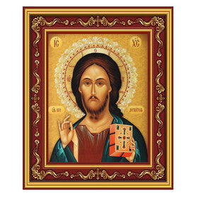 R27 Christ The Teacher Gold Foil Icon in Burgundy Frame Decorated With Crosses