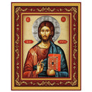 R8 Christ The Teacher Gold Foil Icon in Burgundy Frame Decorated With Crosses