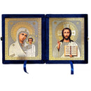 UD-8 Christ The Teacher and Virgin of Kazan Icon Diptych In Blue Velvet Case